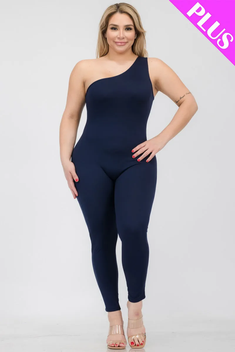 Plus Size Solid Color One Shoulder Jumpsuit