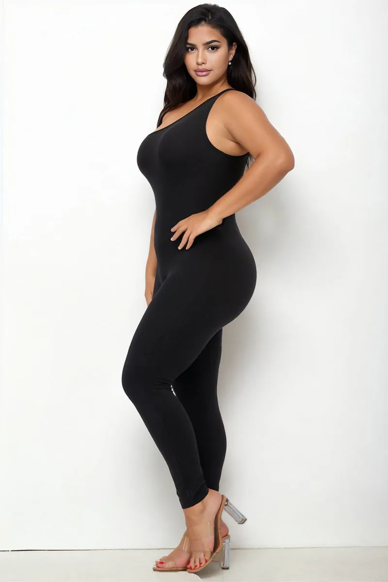 Plus Size Solid Color One Shoulder Jumpsuit