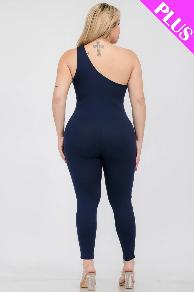 Plus Size Solid Color One Shoulder Jumpsuit
