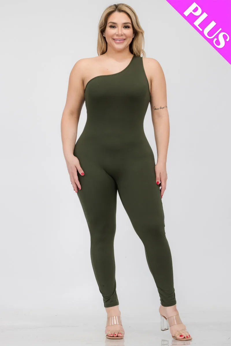 Plus Size Solid Color One Shoulder Jumpsuit