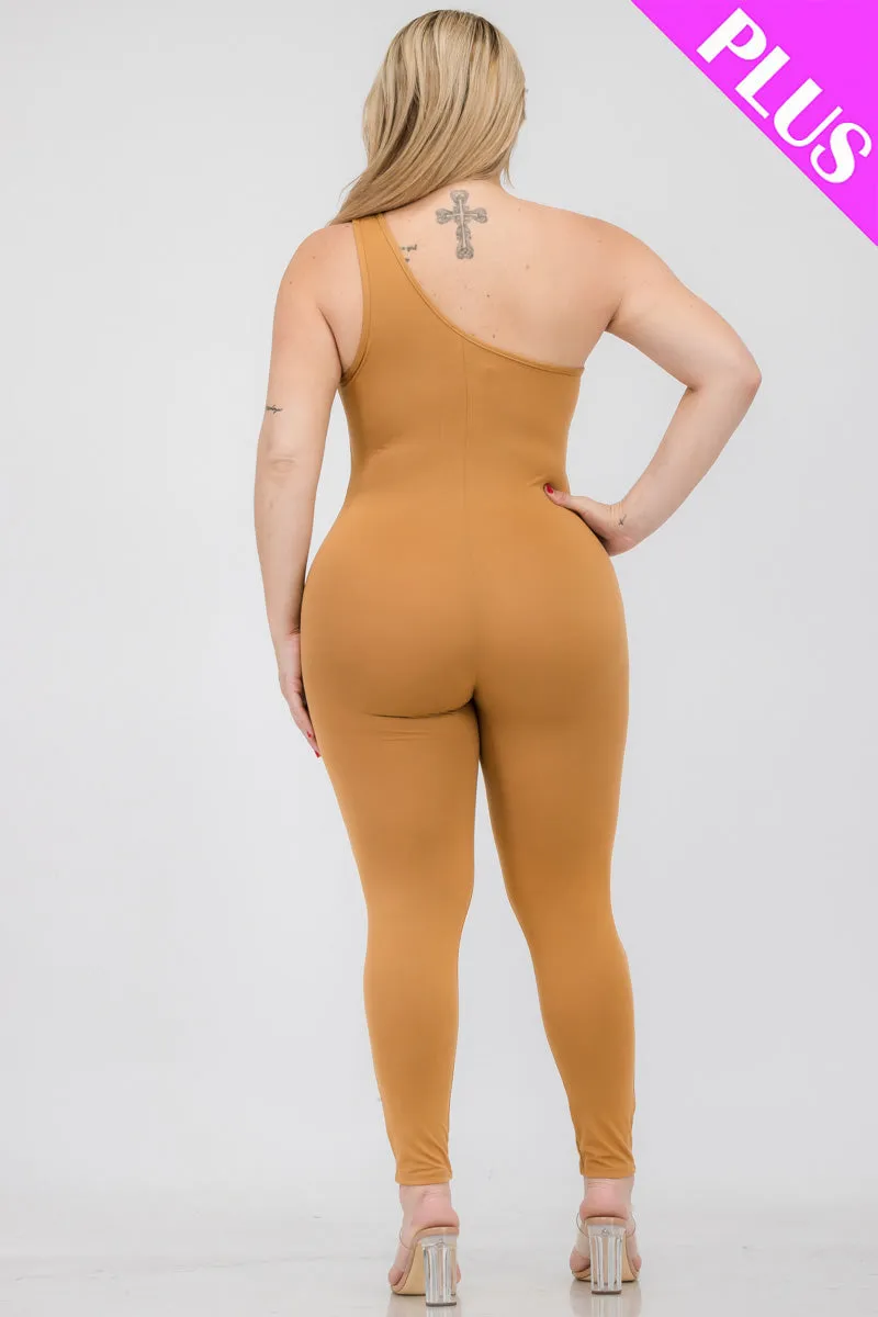 Plus Size Solid Color One Shoulder Jumpsuit