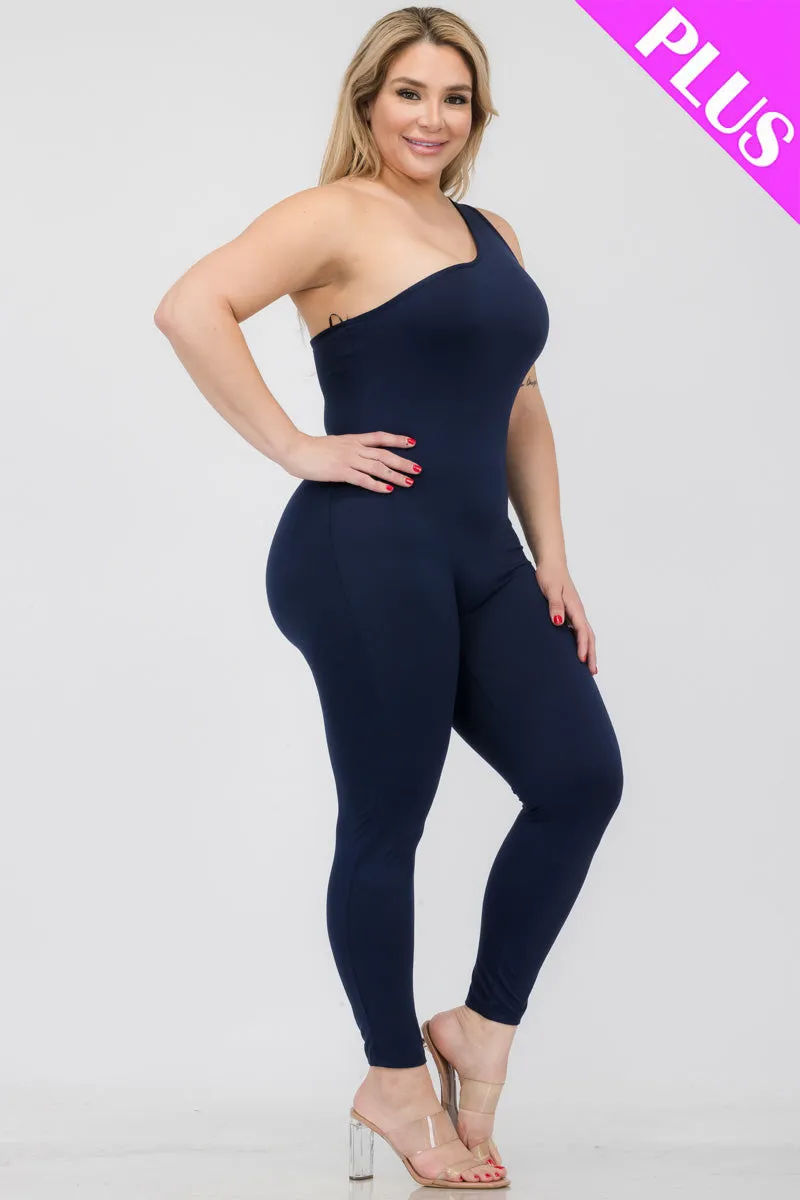 Plus Size Solid Color One Shoulder Jumpsuit