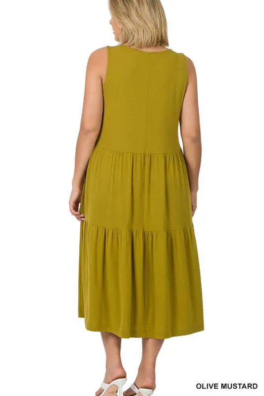 Plus Size Solid Sleeveless Tiered Midi Dress