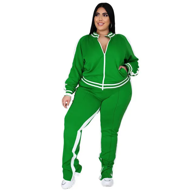 Plus Size Striped 2 Piece Tracksuit Outfit Set