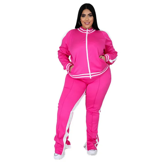 Plus Size Striped 2 Piece Tracksuit Outfit Set