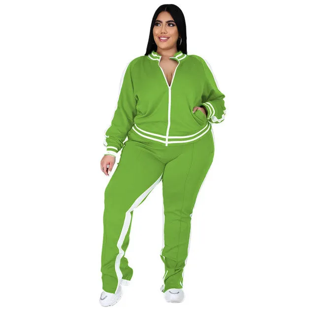 Plus Size Striped 2 Piece Tracksuit Outfit Set
