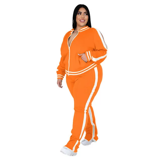 Plus Size Striped 2 Piece Tracksuit Outfit Set