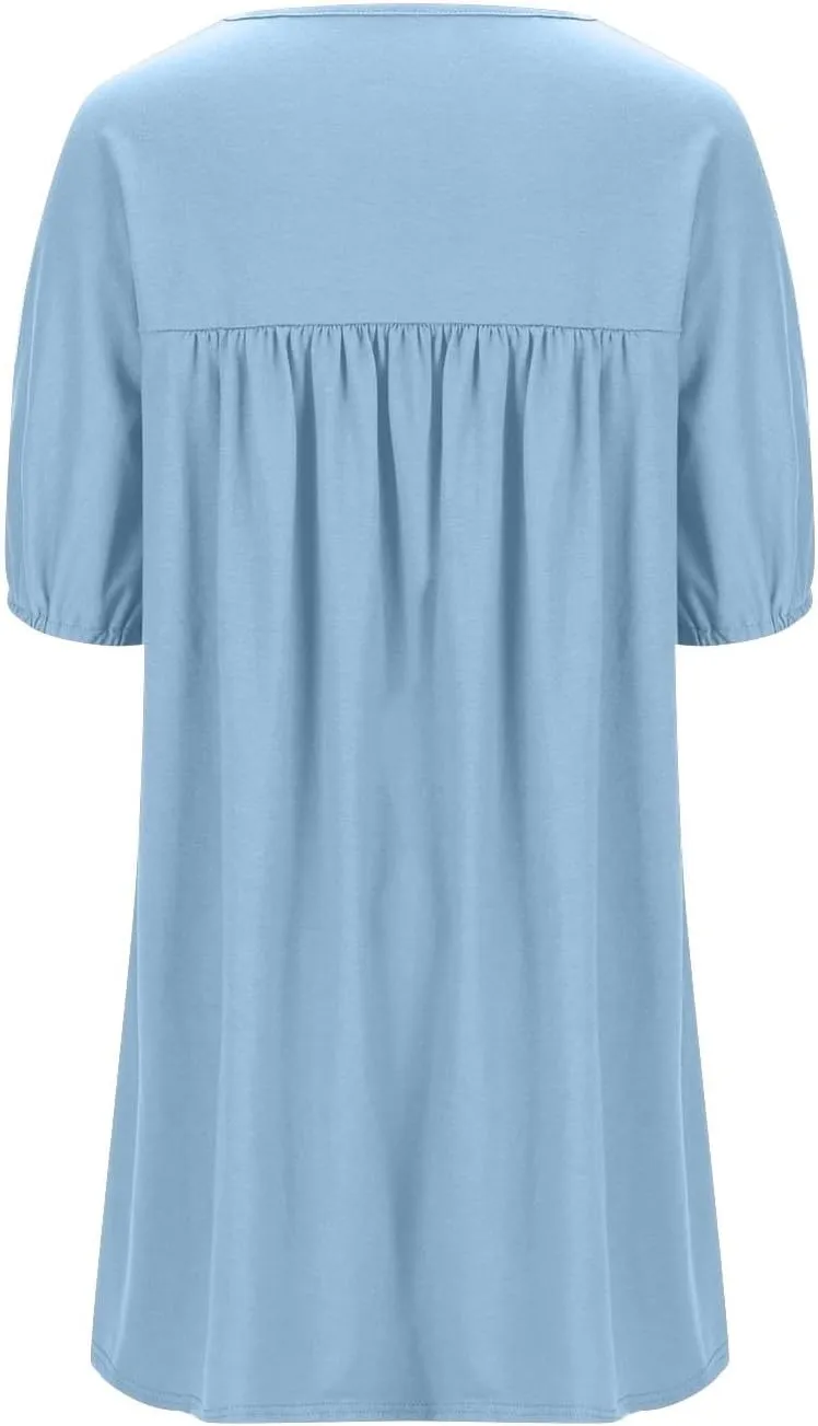 Plus Size Summer Dress for Women Short Sleeve Crewneck Loose Midi Dress Casual Pleated Solid Dress with Pockets
