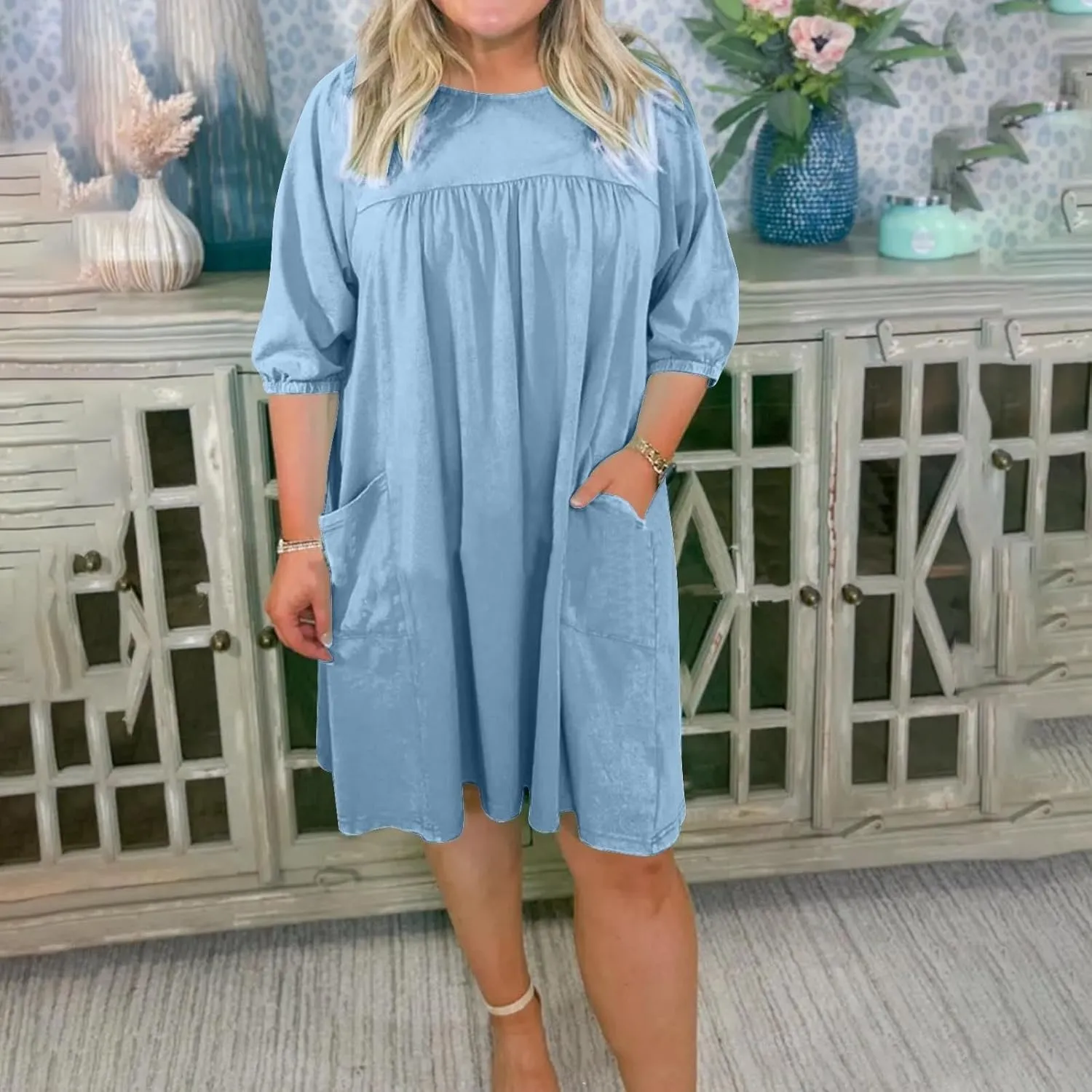 Plus Size Summer Dress for Women Short Sleeve Crewneck Loose Midi Dress Casual Pleated Solid Dress with Pockets
