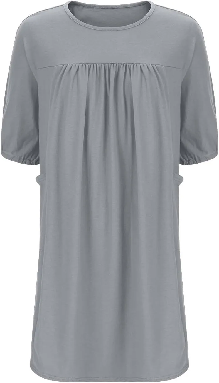 Plus Size Summer Dress for Women Short Sleeve Crewneck Loose Midi Dress Casual Pleated Solid Dress with Pockets