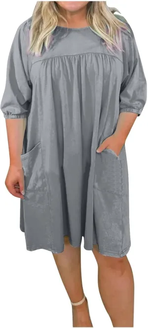 Plus Size Summer Dress for Women Short Sleeve Crewneck Loose Midi Dress Casual Pleated Solid Dress with Pockets