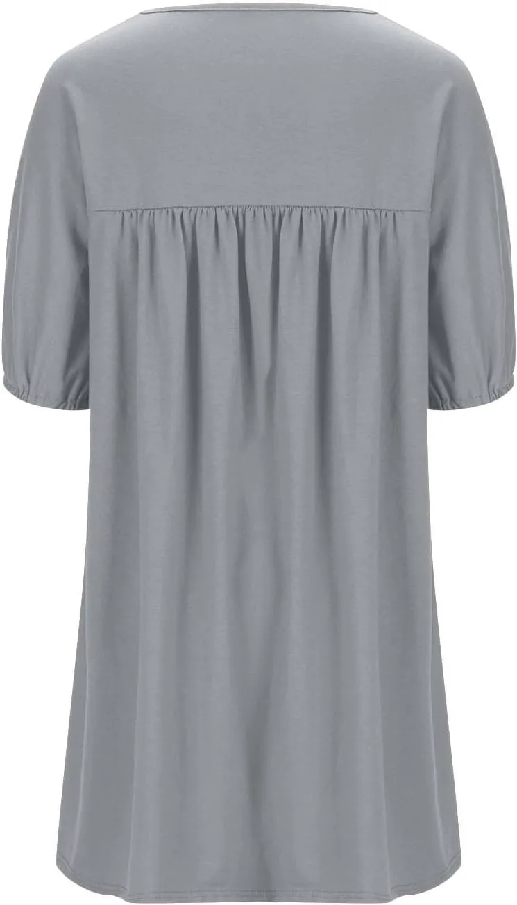 Plus Size Summer Dress for Women Short Sleeve Crewneck Loose Midi Dress Casual Pleated Solid Dress with Pockets