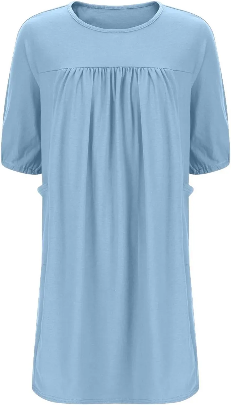 Plus Size Summer Dress for Women Short Sleeve Crewneck Loose Midi Dress Casual Pleated Solid Dress with Pockets