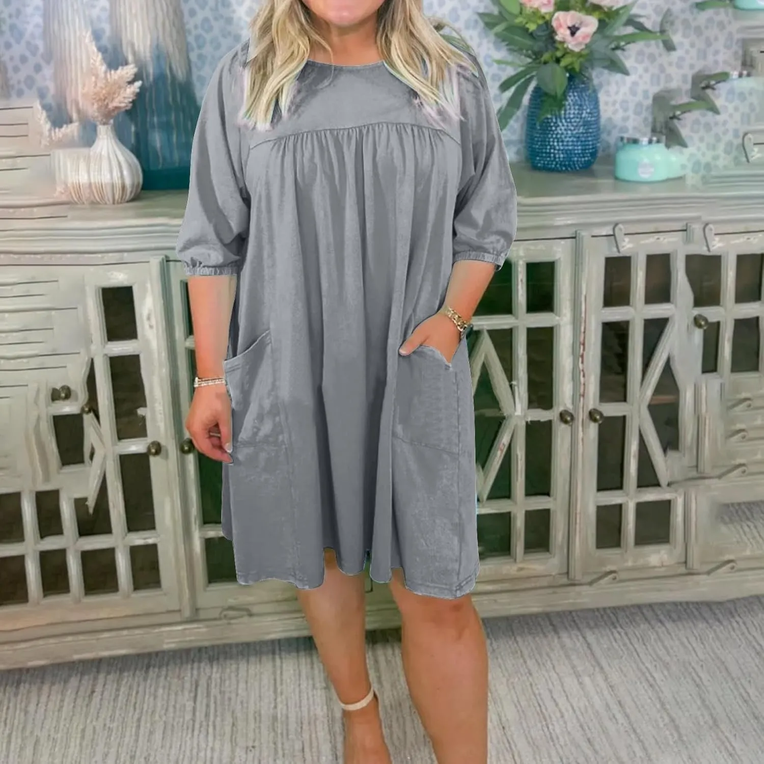 Plus Size Summer Dress for Women Short Sleeve Crewneck Loose Midi Dress Casual Pleated Solid Dress with Pockets