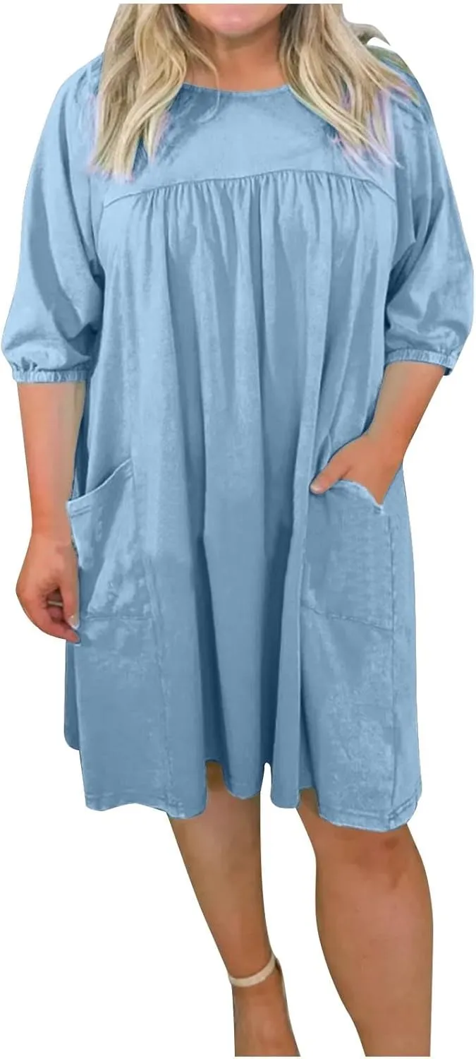 Plus Size Summer Dress for Women Short Sleeve Crewneck Loose Midi Dress Casual Pleated Solid Dress with Pockets