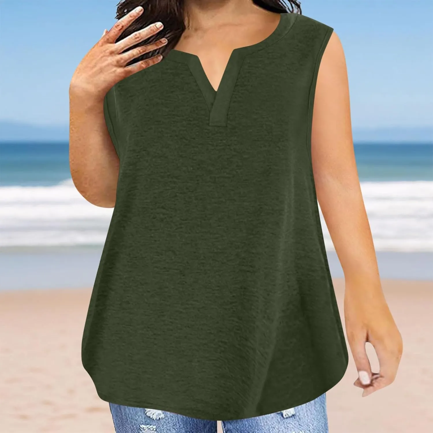 Plus Size Tank Tops for Women Cute V Neck Sleeveless Shirts Trendy Summer Oversized Blouses Casual Loose Fit Tunics