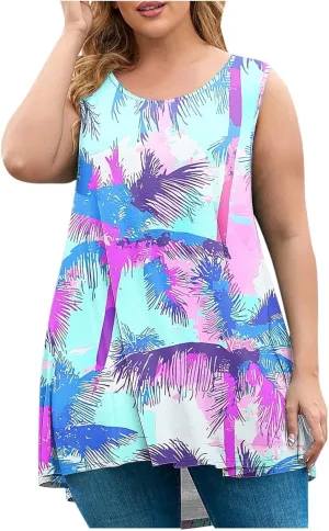Plus Size Tank Tops Women Sunshine Graphic Sleeveless Vintage Travel Vacation Tops Summer Beach Shirts Hide Belly Tees