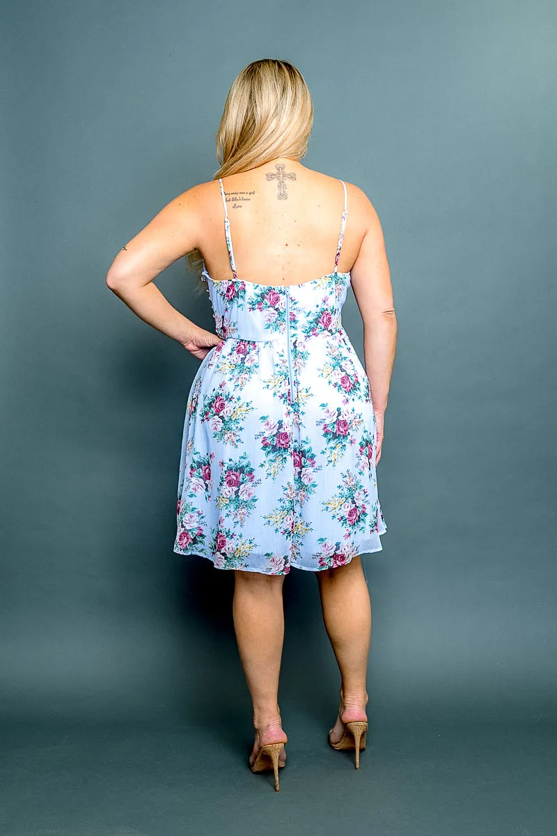 Plus Size 'Tea Party' Floral Print Spaghetti Strap V Neck Ruched A-Line Mini Dress* (CD40067P)