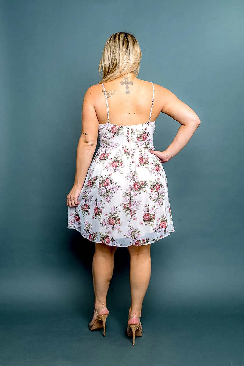 Plus Size 'Tea Party' Floral Print Spaghetti Strap V Neck Ruched A-Line Mini Dress* (CD40067P)