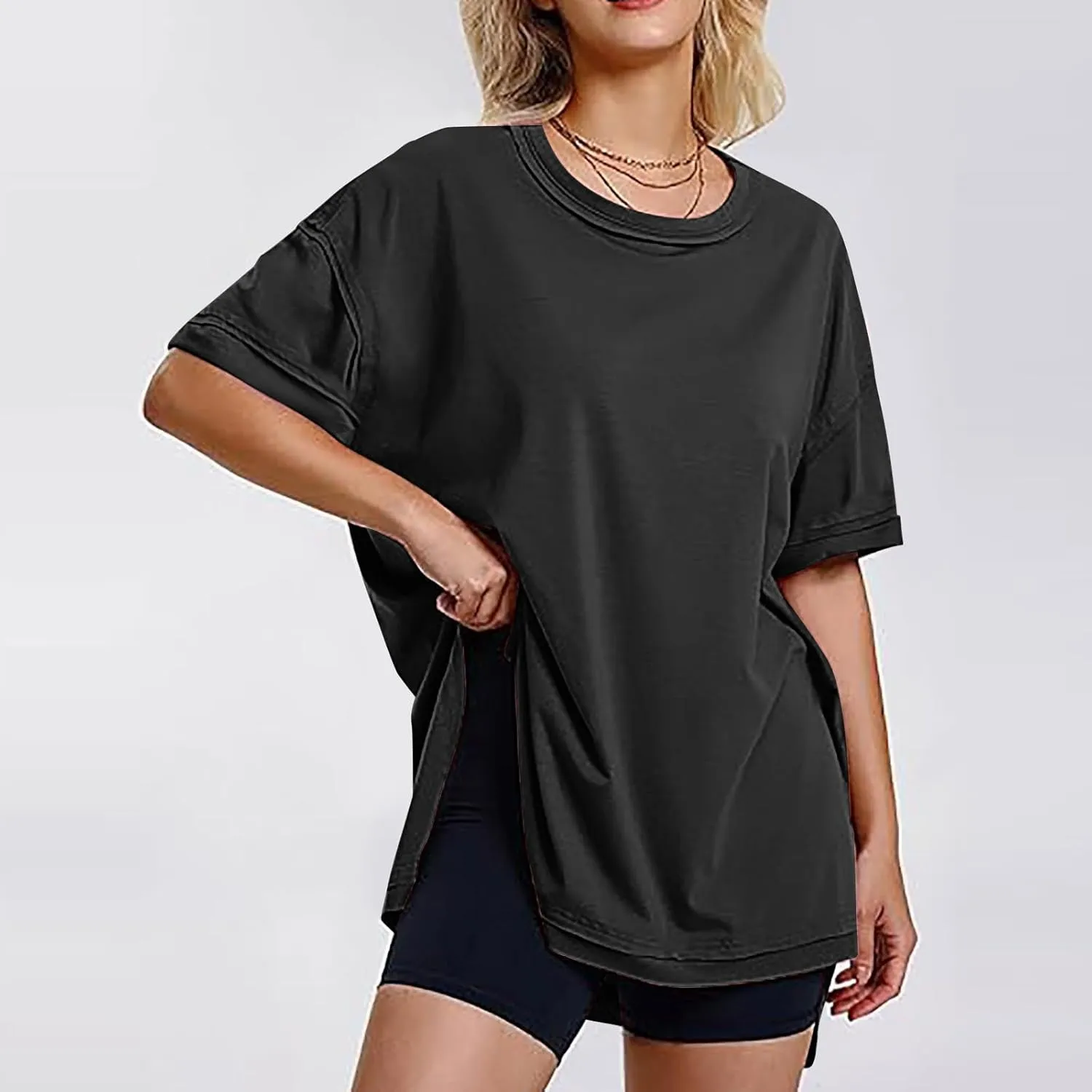 Plus Size Tops for Women Dressy Short Sleeve Split Oversized T-Shirts Casual Oversized Round Neck Tunic Shirt S-2XL