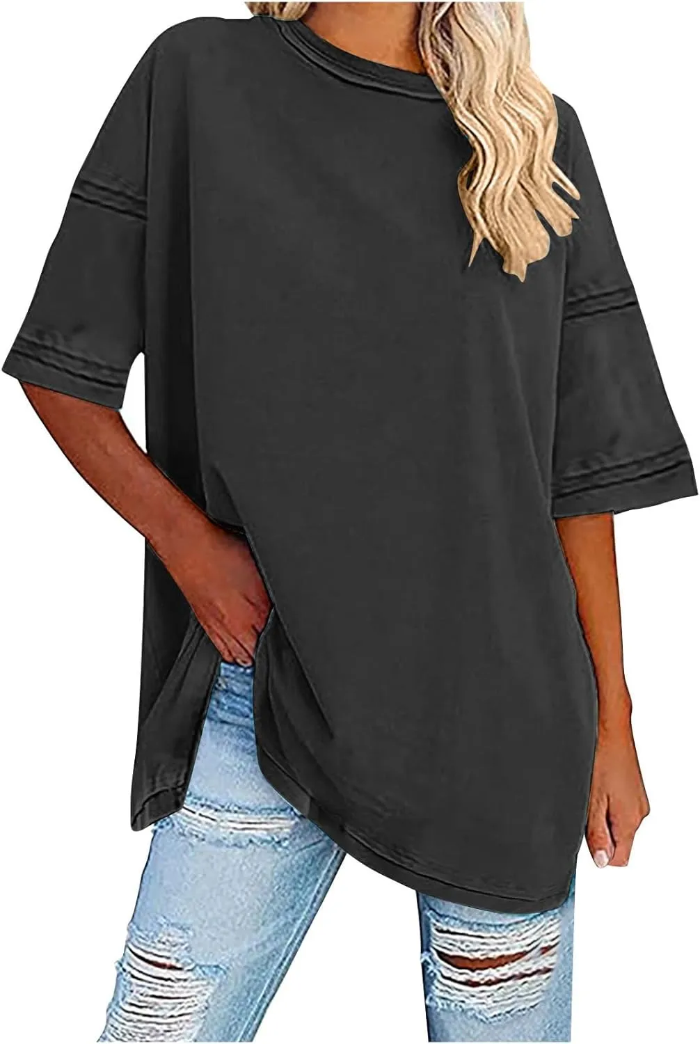 Plus Size Tops for Women Dressy Short Sleeve Split Oversized T-Shirts Casual Oversized Round Neck Tunic Shirt S-2XL