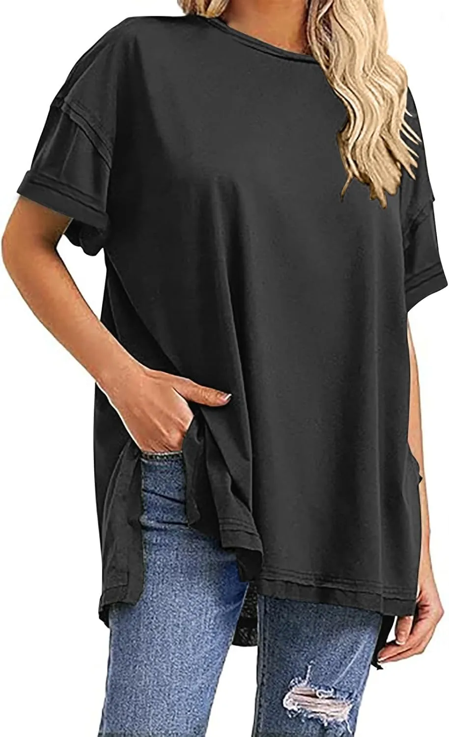 Plus Size Tops for Women Dressy Short Sleeve Split Oversized T-Shirts Casual Oversized Round Neck Tunic Shirt S-2XL