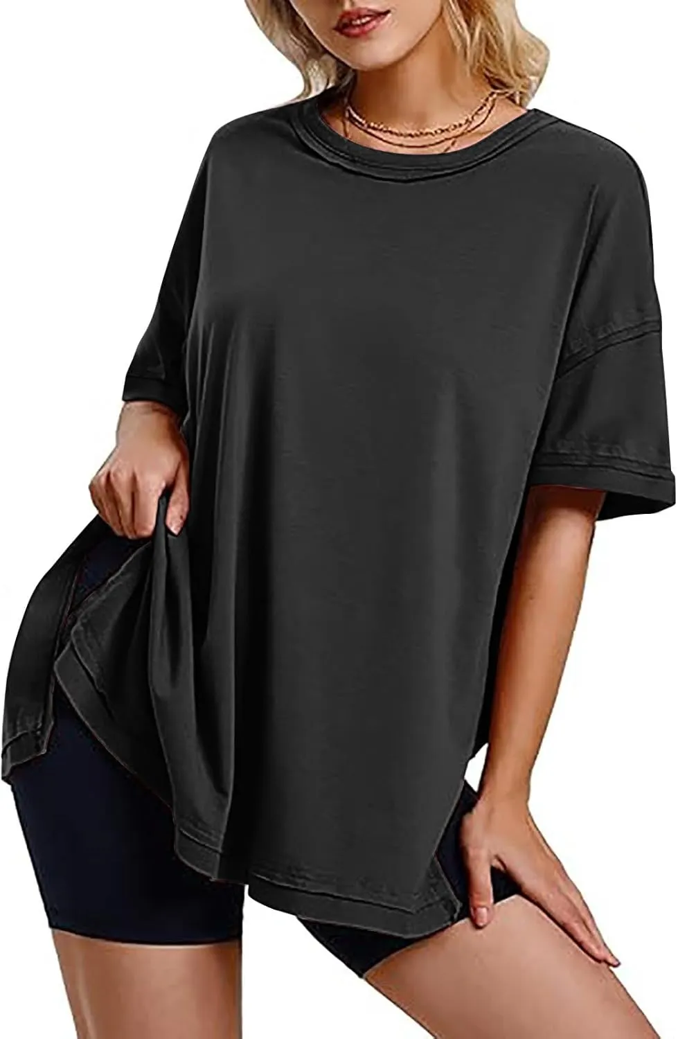 Plus Size Tops for Women Dressy Short Sleeve Split Oversized T-Shirts Casual Oversized Round Neck Tunic Shirt S-2XL