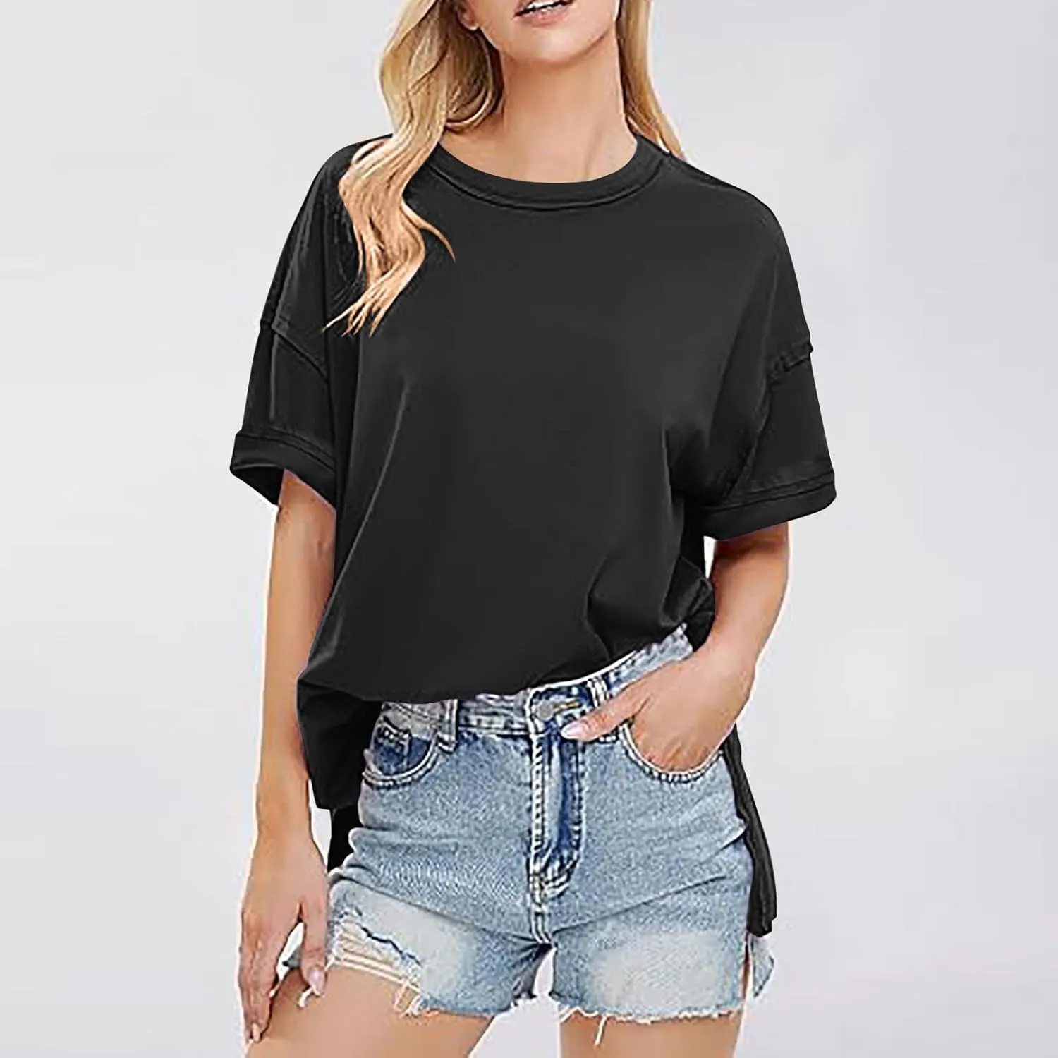 Plus Size Tops for Women Dressy Short Sleeve Split Oversized T-Shirts Casual Oversized Round Neck Tunic Shirt S-2XL