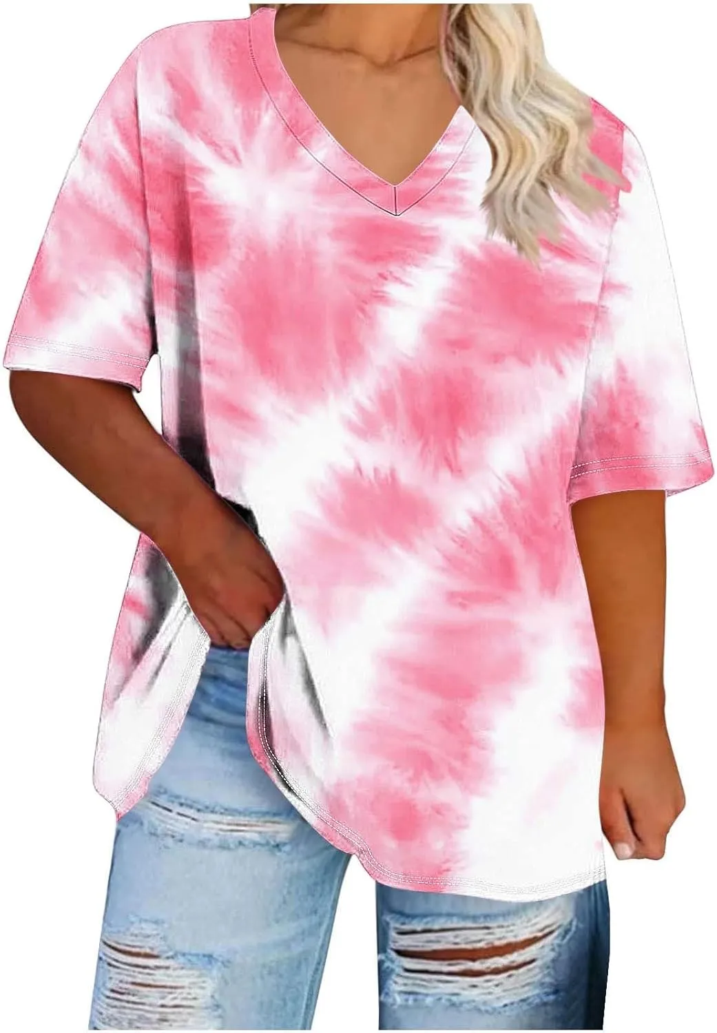 Plus Size Tops for Womens 2025 Trendy Tie-dye Short Sleeves V-Neck Casual T-Shirts Loose Comfy Shirts Blouse Top