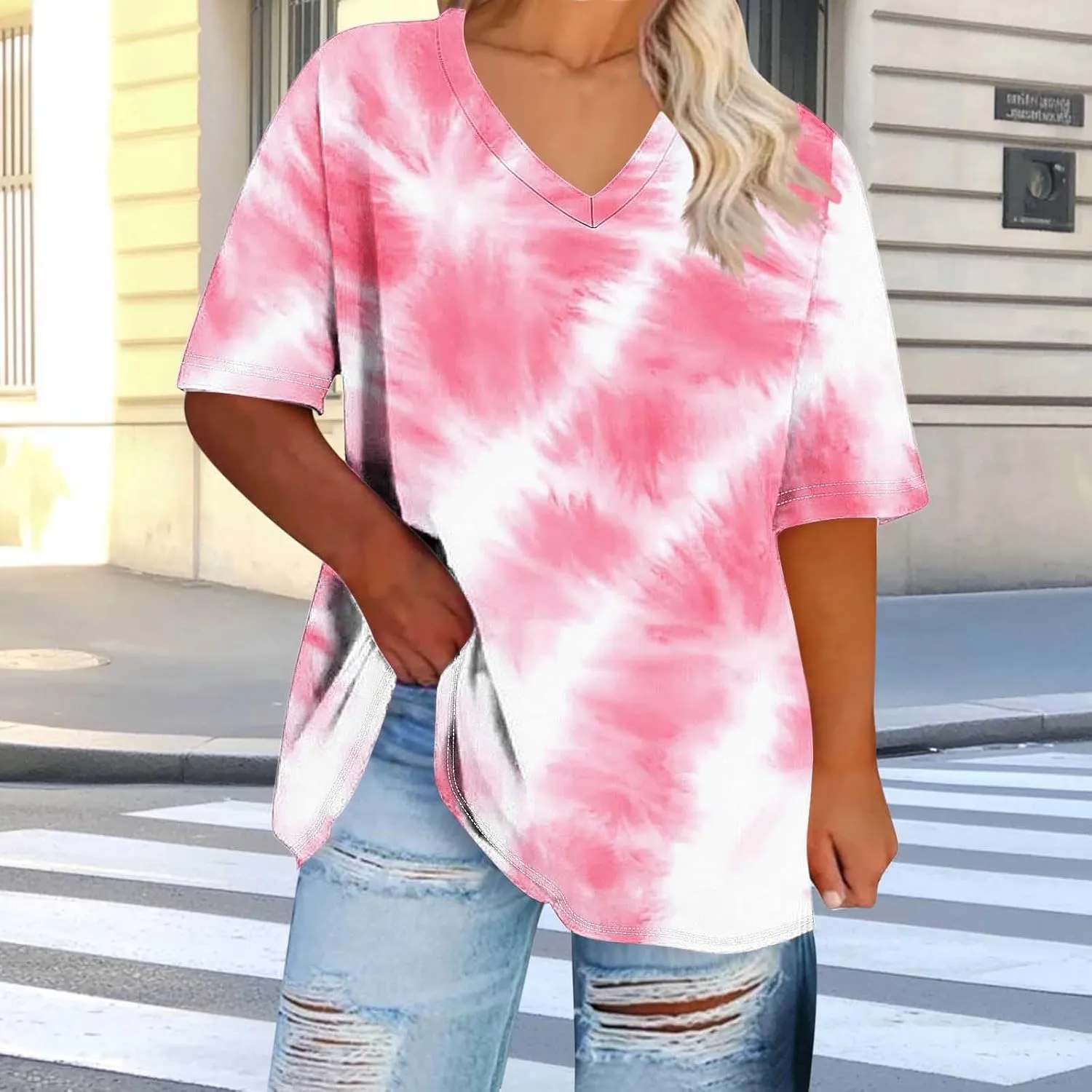 Plus Size Tops for Womens 2025 Trendy Tie-dye Short Sleeves V-Neck Casual T-Shirts Loose Comfy Shirts Blouse Top