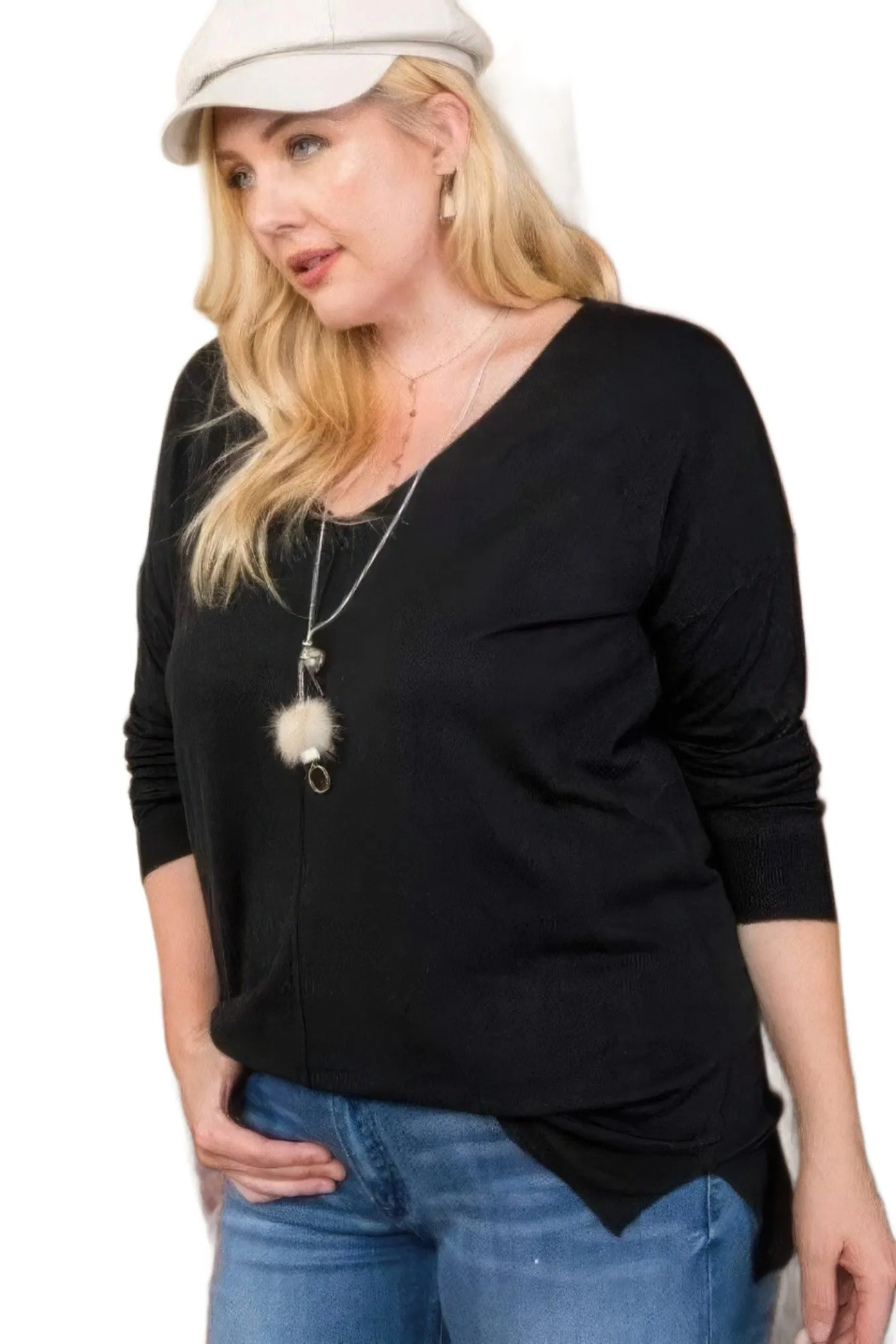 Plus Size V Neck 3/4 Sleeve Side Slit Hi-lo Sweater