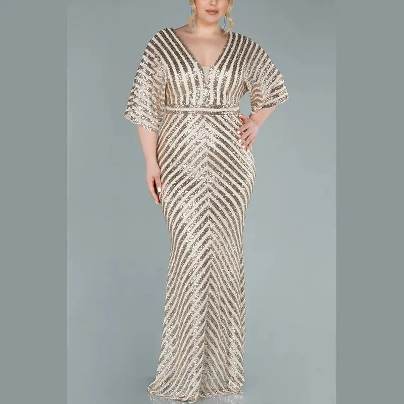 Plus Size V Neck Horizontal Stripes Green Sequins Luxury Dress 4XL5XL