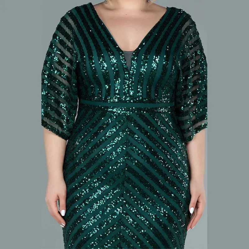 Plus Size V Neck Horizontal Stripes Green Sequins Luxury Dress 4XL5XL
