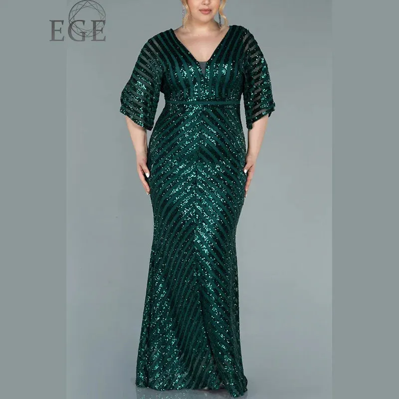 Plus Size V Neck Horizontal Stripes Green Sequins Luxury Dress 4XL5XL