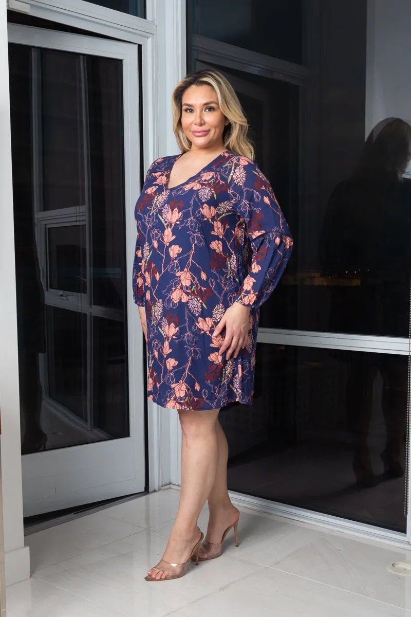 Plus Size V-Nek 3/4 Sleeve Floral Print Midi Dress W/full lining (195913)