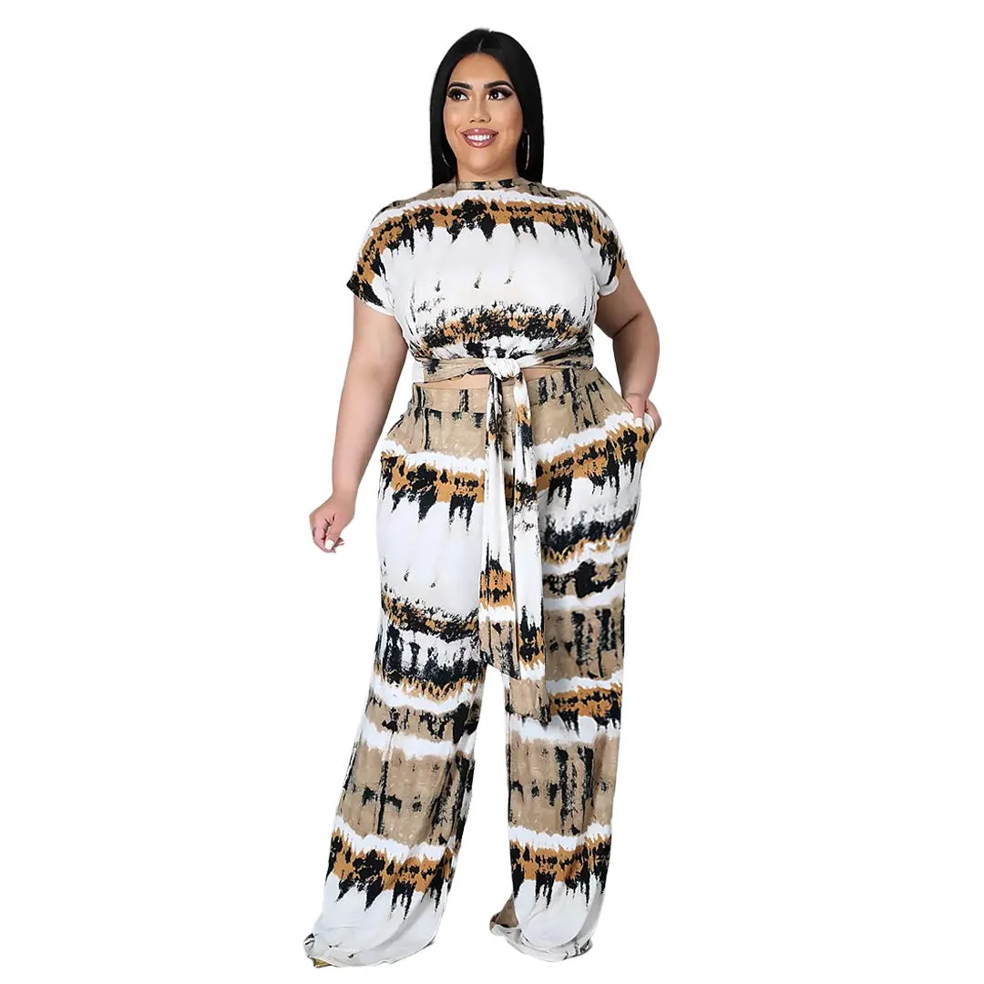 Plus Size Women  Clothes Printed Lace up Double Pocket Comfortable Wide Leg Pants Two-Piece Set