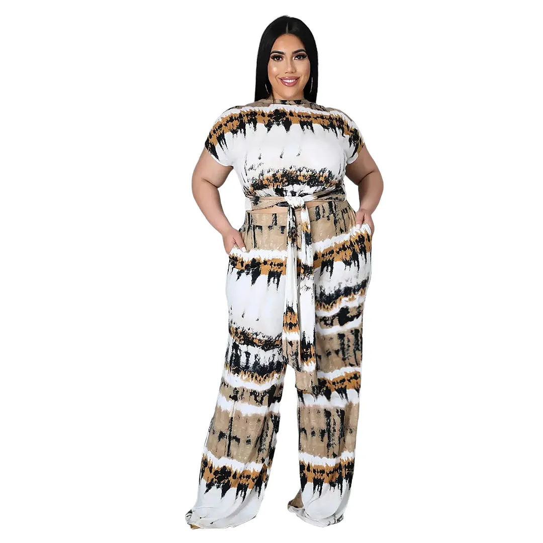 Plus Size Women  Clothes Printed Lace up Double Pocket Comfortable Wide Leg Pants Two-Piece Set