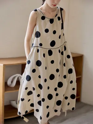 Plus Size Women Summer Casual Dot Drawstring Linen Vest Dress