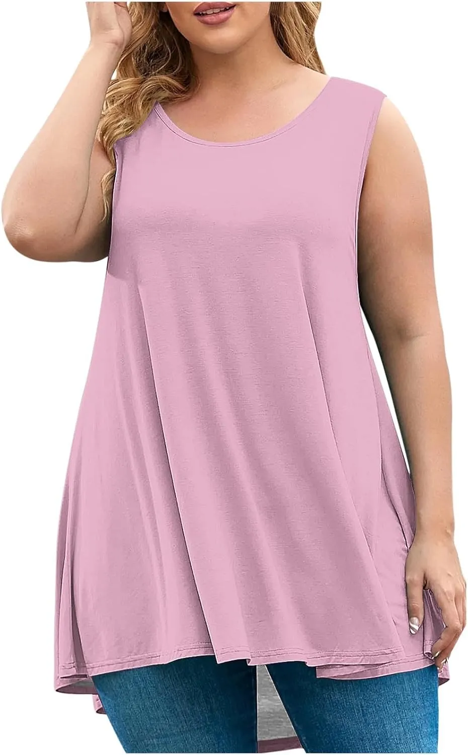 Plus Size Womens Tank Tops Round Neck Loose Fitting Sleeveless Tshirts Pleated Summer Flowy Maternity Tunic Top