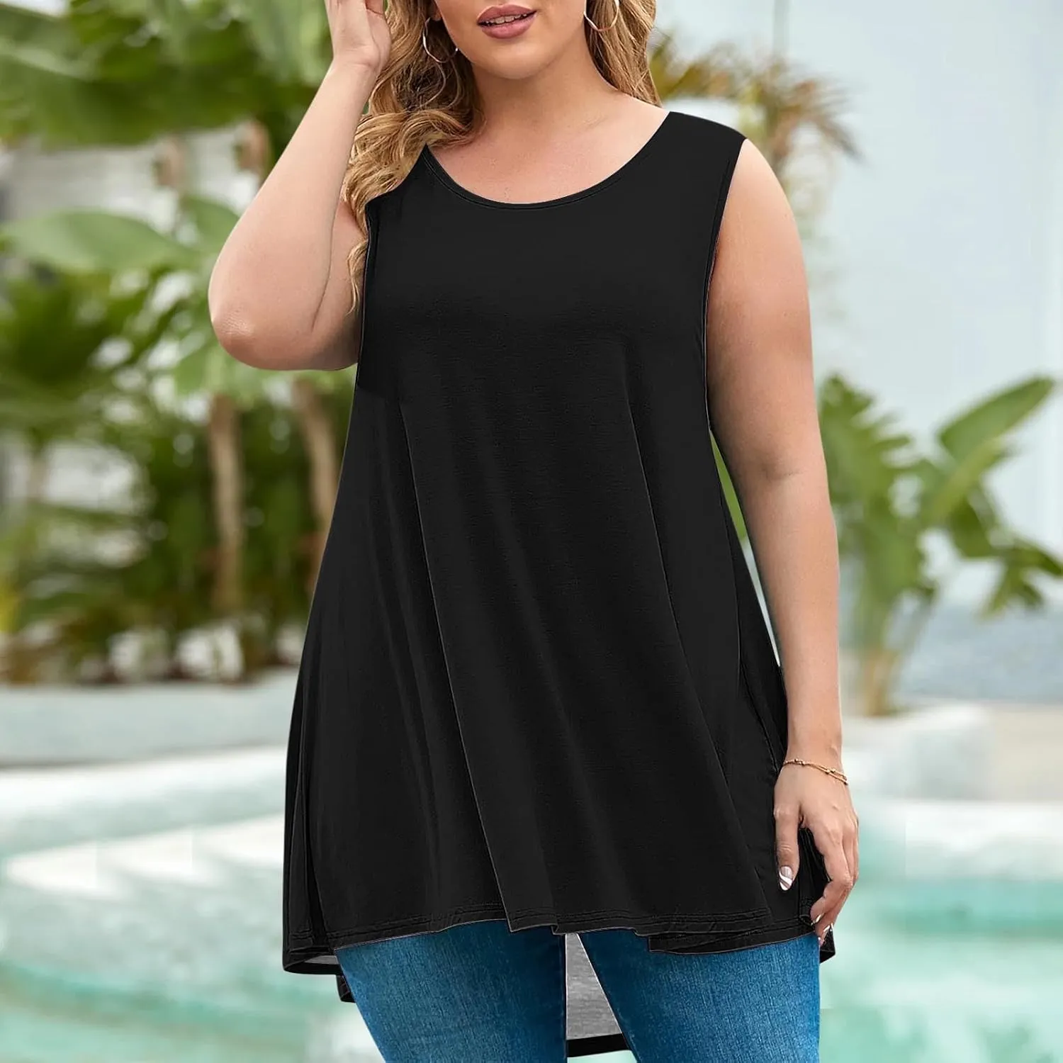 Plus Size Womens Tank Tops Round Neck Loose Fitting Sleeveless Tshirts Pleated Summer Flowy Maternity Tunic Top