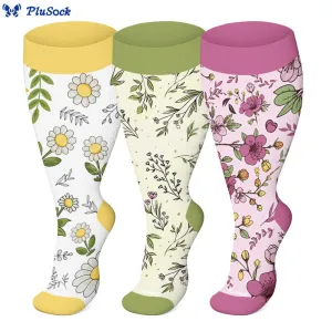 Plus Size Yellow Purple Flower Compression Socks(3 Pairs)