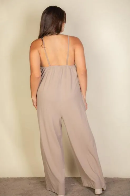 Plus Spaghetti strap solid wide jumpsuit