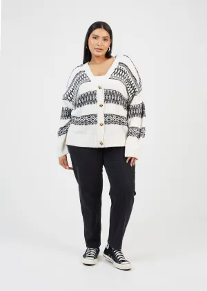 PLUS V-NECK CARDIGAN WITH FAIRISLE STRIP PATTERN
