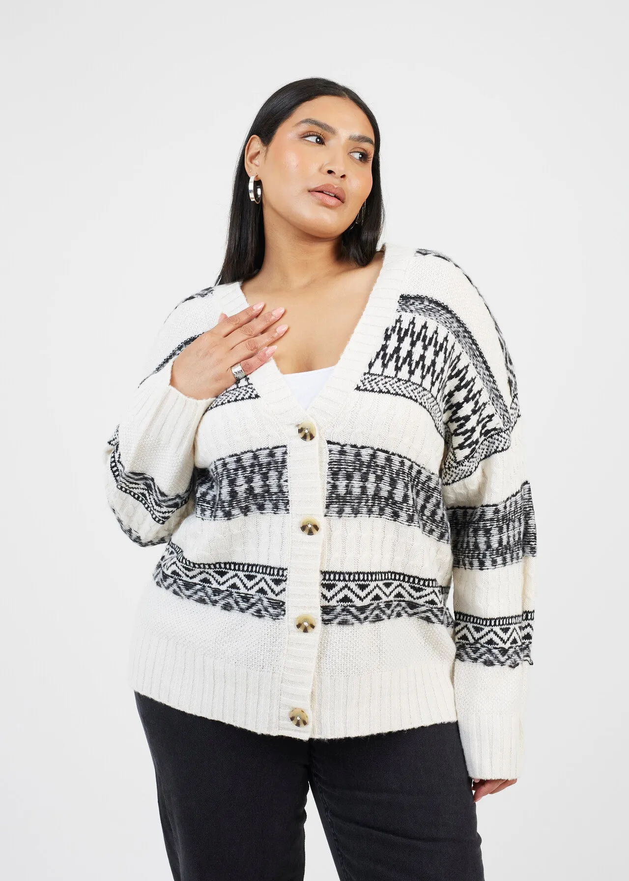 PLUS V-NECK CARDIGAN WITH FAIRISLE STRIP PATTERN