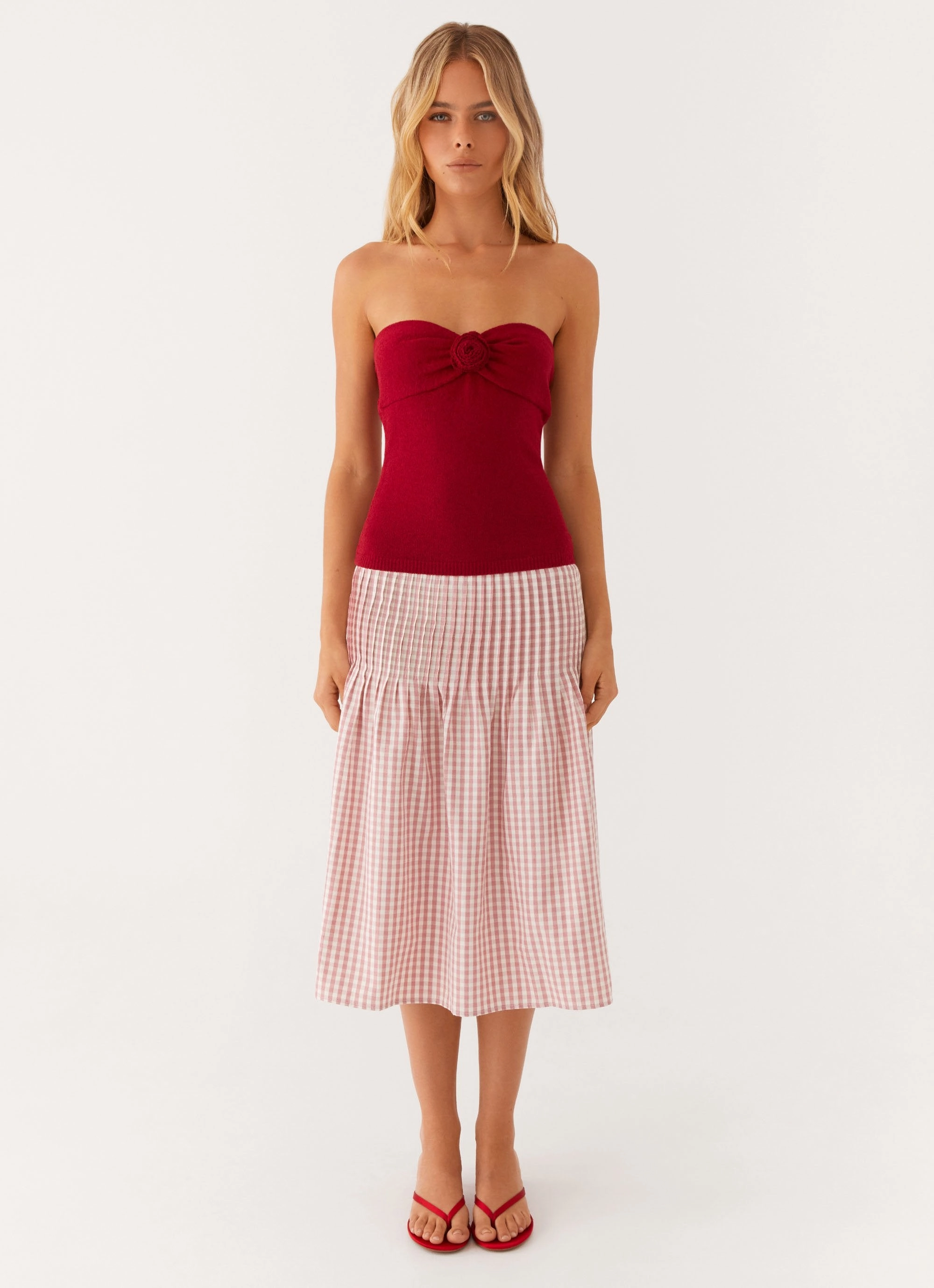 Dreamscape Midi Skirt - Maroon Gingham Reinforced Zippers