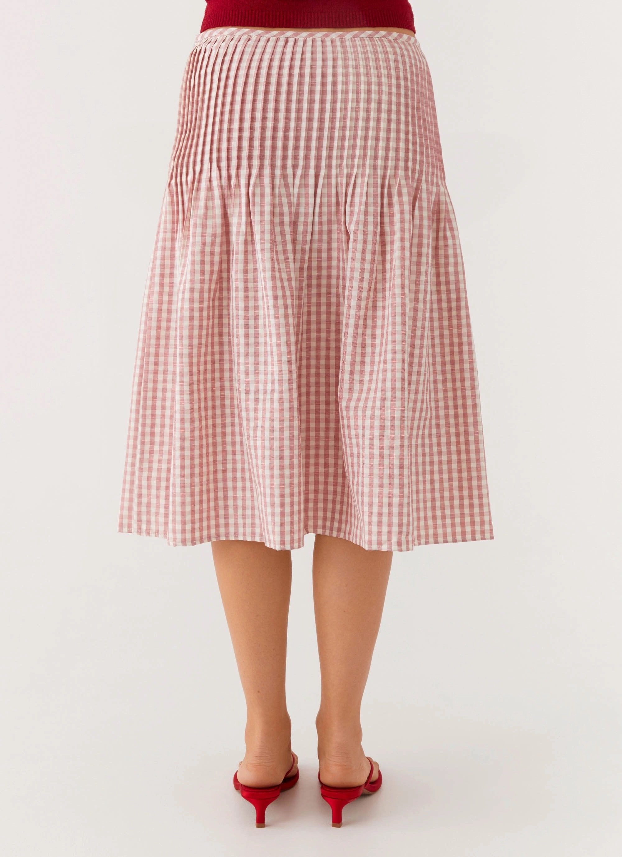 Expandable Side Gussets Dreamscape Midi Skirt - Maroon Gingham
