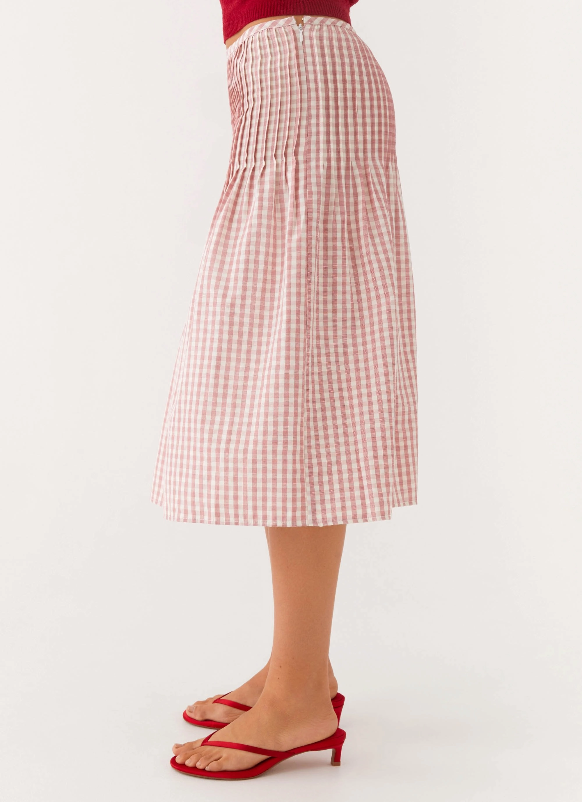 Dreamscape Midi Skirt - Maroon Gingham Easy Care Material
