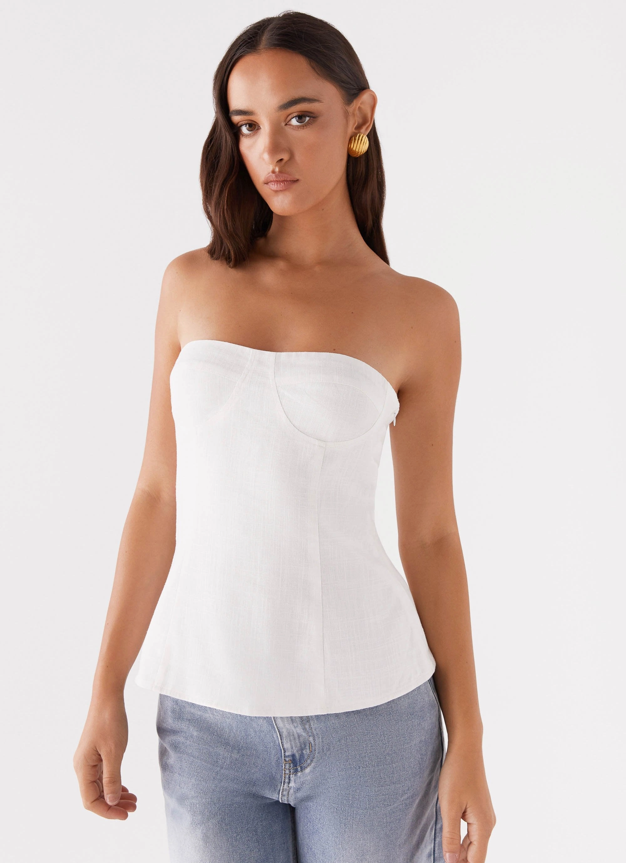 Rennie Linen Bustier Top - White Ribbed Knit Fabric Anti Pill Finish