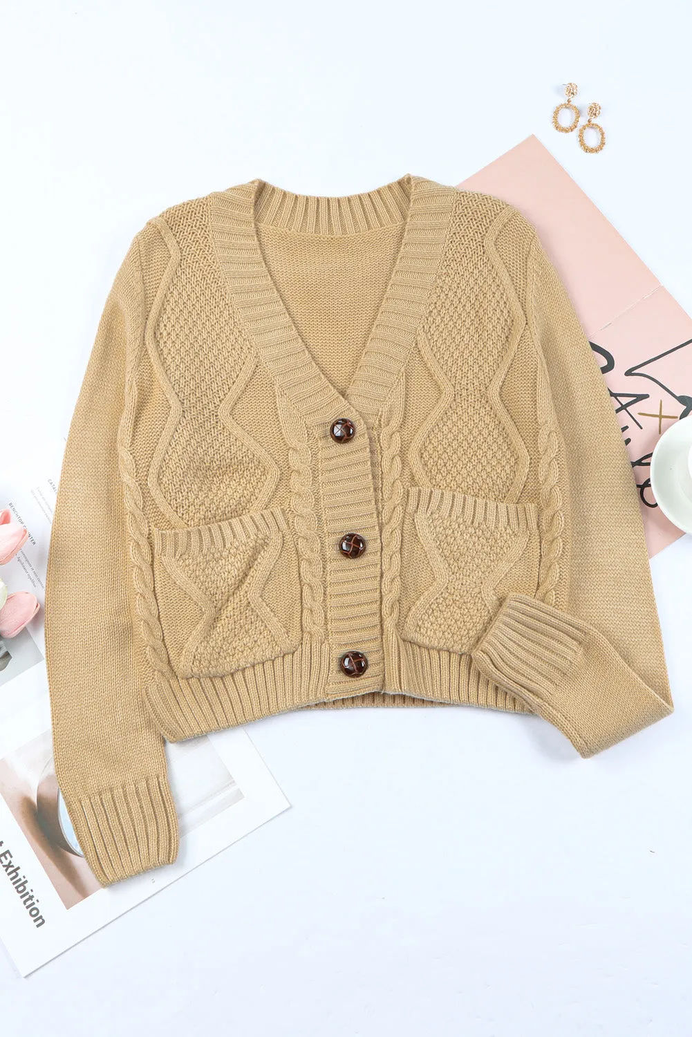 Pockets Buttons Textured Cardigan