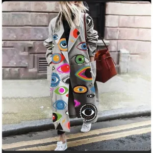 Pockets Fashion Print Long Coat
